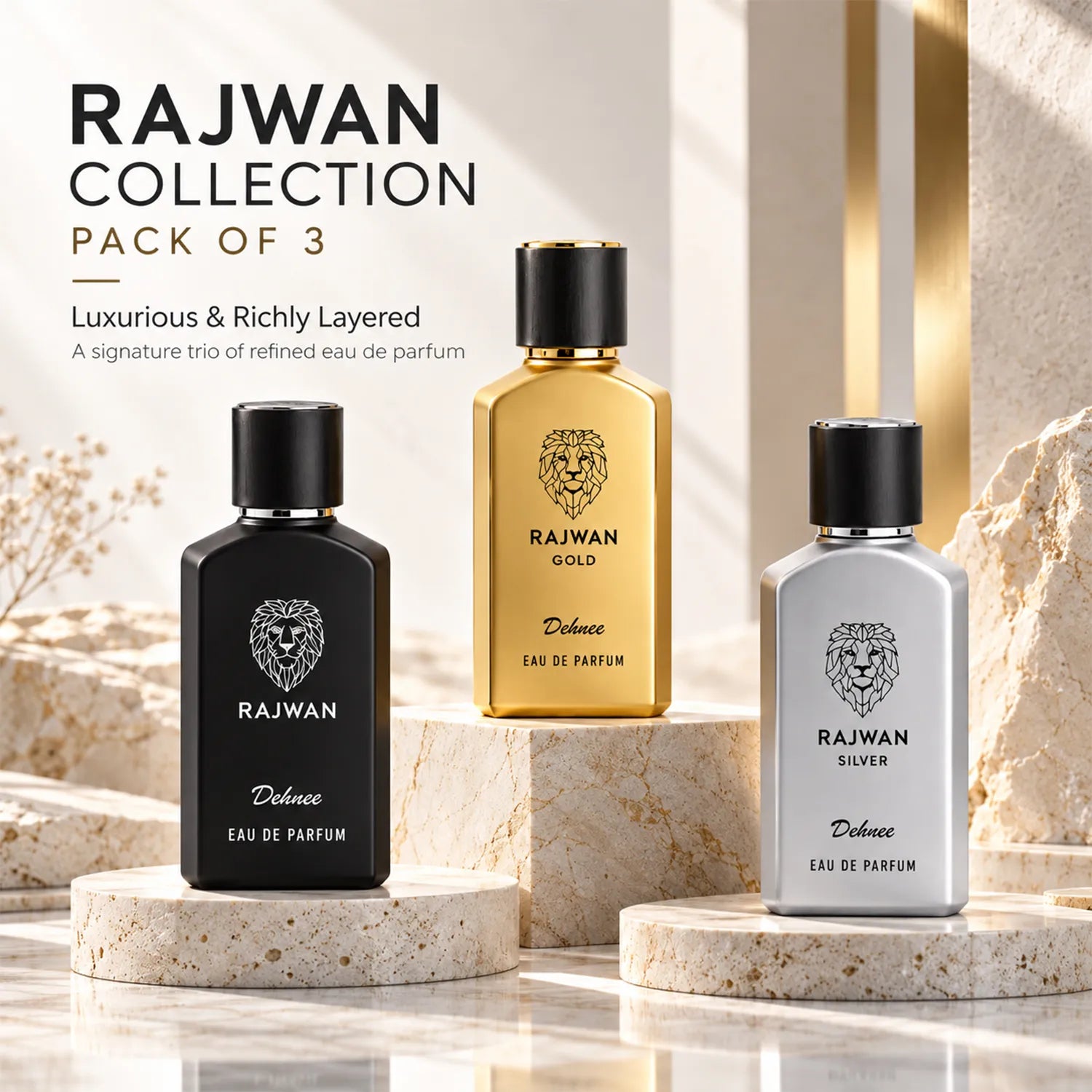 Rajwan Collection Combo Pack | Black, Silver & Gold Premium Fragrance Set