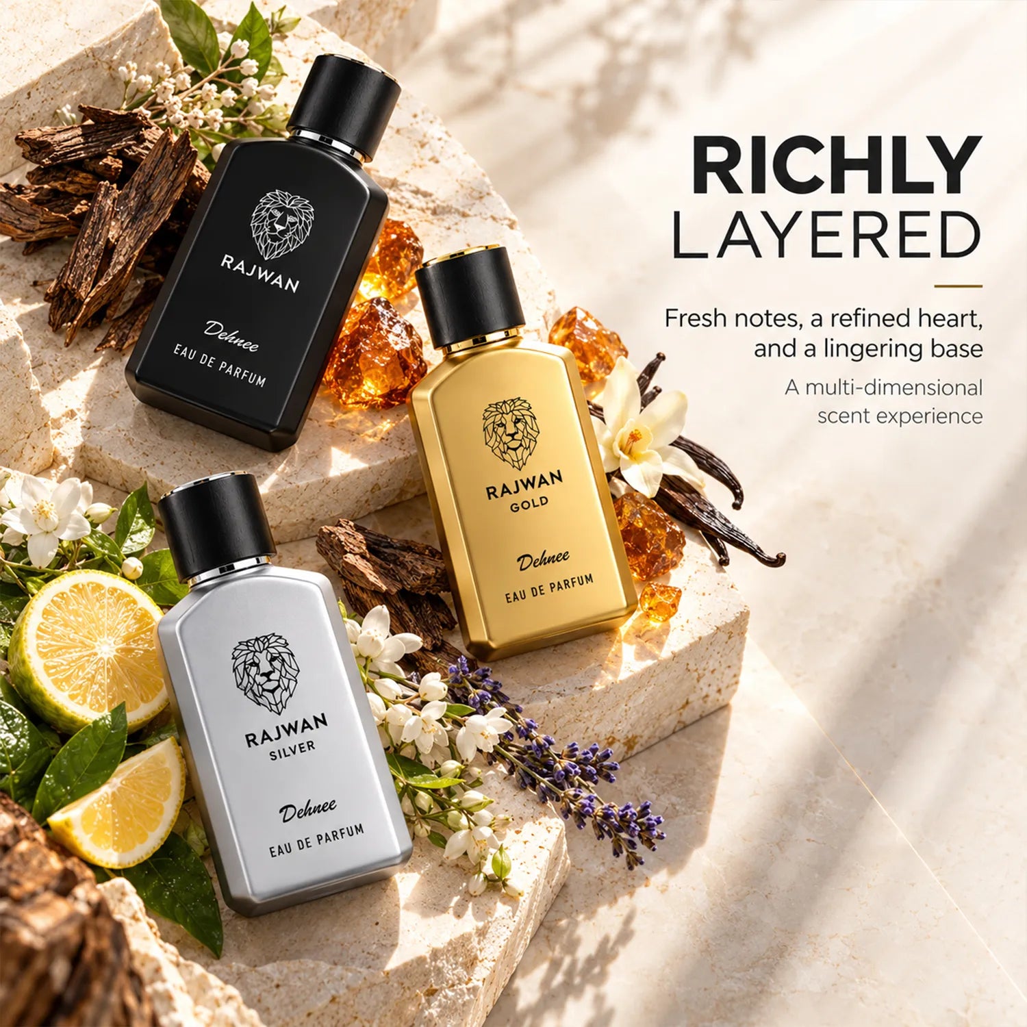 Rajwan Collection Combo Pack | Black, Silver & Gold Premium Fragrance Set