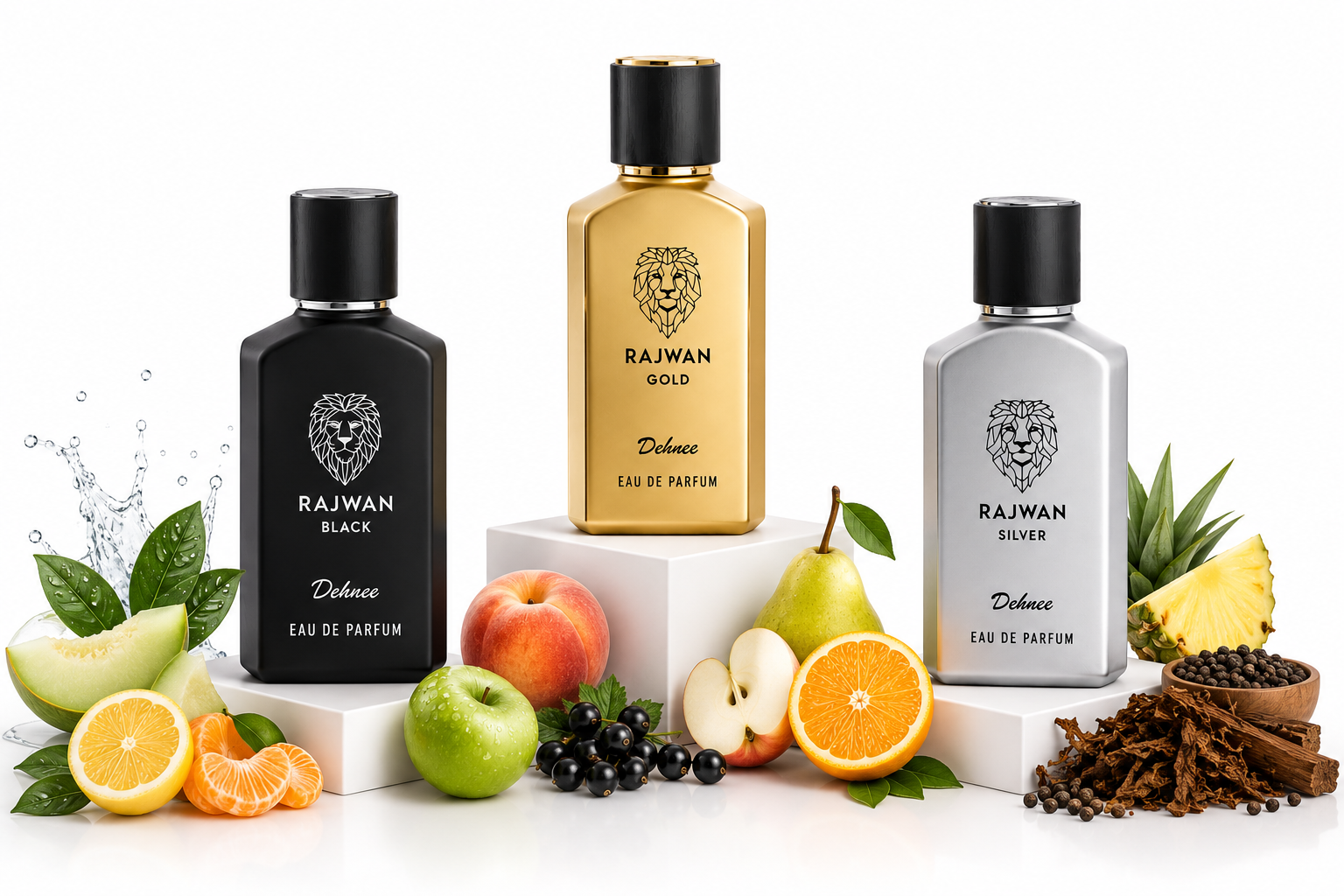 Rajwan Collection Combo Pack | Black, Silver & Gold Premium Fragrance Set